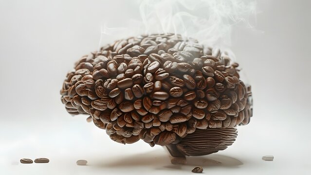 Creative depiction of a brain crafted from coffee beans with steam rising