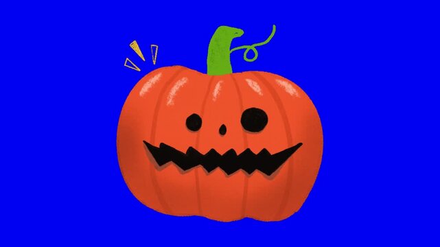 Spooky jack-o-lantern with glowing eyes and sharp teeth on blue background