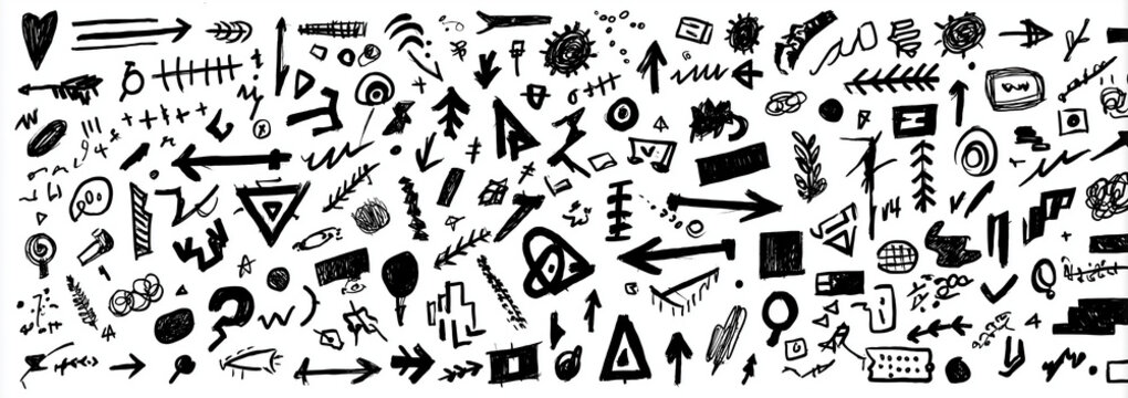 hand-drawn doodle vector elements and symbols for graphic design, in the style of hand-drawn style vector illustration on a white background with different shapes like arrows