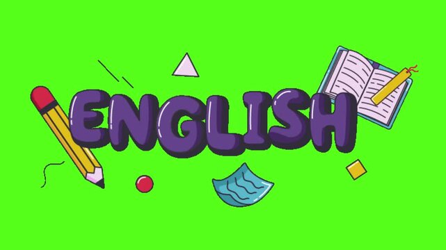 Colorful English learning illustration with stationery on green