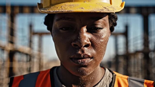Extreme close-up portrait of a construction worker wiping sweat from face, gritty realism, strong texture detail, shallow depth of field, intense eye focus, cinematic lighting 