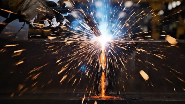 Slow-motion shot of metal welding sparks in factory during workers activity, dramatic dark background, high-speed camera capturing glowing particles, low angle macro shot