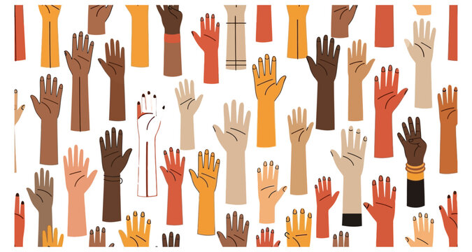 A diverse collection of hands raised in a gesture of unity and support