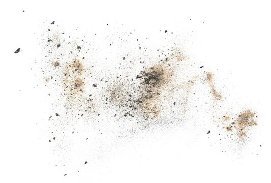 Black charcoal dust and fine sand flying, gunpowder isolated on white background and texture, clipping path, design element