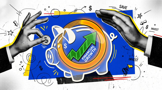 Trendy Halftone Collage Piggy bank with green arrow for Financial Growth. Hands putting coin and protecting savings. Save and Invest concept. Business finance. Contemporary vector illustrati