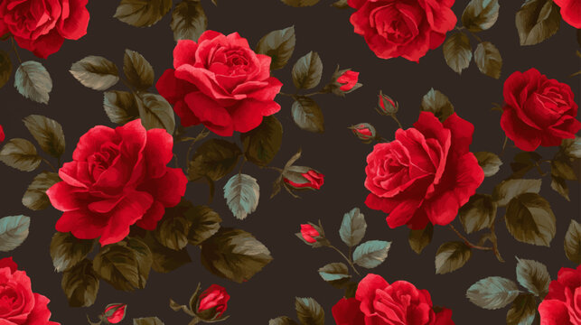 Luxurious red rose seamless pattern in realistic botanical painting style for elegant wallpaper, textile design and romantic branding