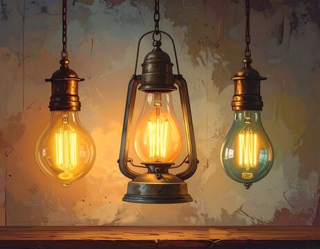 Three lit bulbs, one a lantern, hang from chains against a mottled wall over a shelf