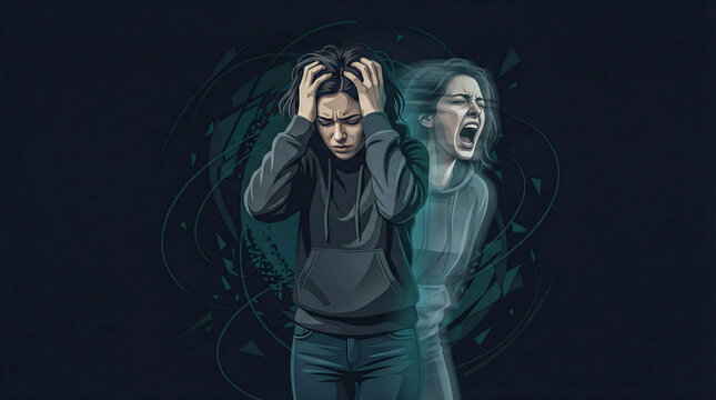 Distressed woman holding head with screaming blurred reflection representing world schizophrenia day, illustrating auditory hallucinations and severe mental health struggles.
