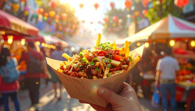 Loaded fries in hand, bustling street food scene bathed in warm sunlight