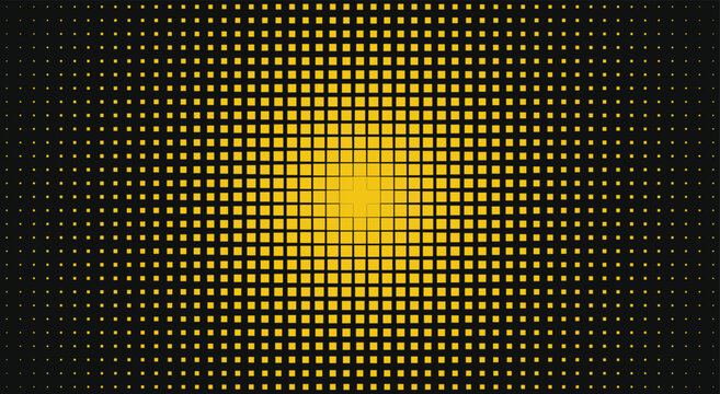 Radial yellow and black square halftone background. Centered glowing dot grid, fading pixel pattern, retro gradient. For abstract tech cover, pop art poster. Flat vector graphic.