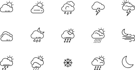 Obraz premium Weather forecast icons on white background.