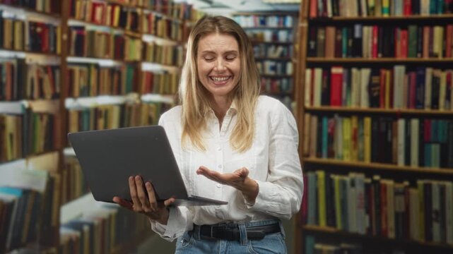 Woman holding a laptop and gesturing with an open hand while smiling amid rows of books in a library building; amused engagement.
