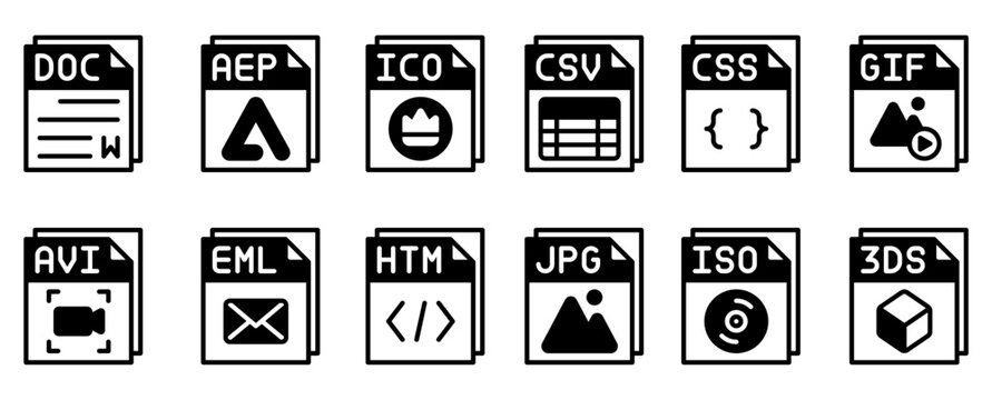 3D file format icons set on dark grunge background for digital technology concept
