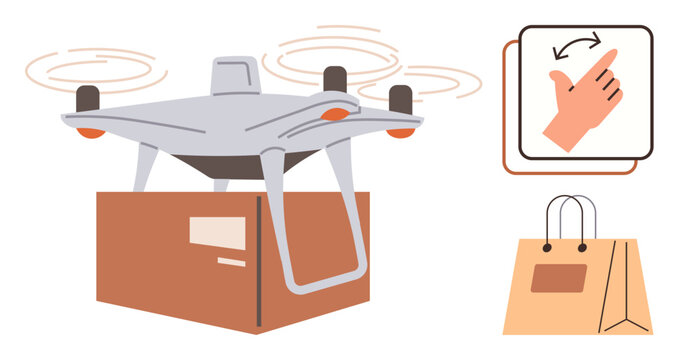 quadcopter delivery, e-commerce logistics, touchless technology, online shopping, innovation in retail, and modern solutions. A Quadcopter carrying a package, a shopping bag, and a gesture