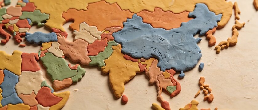 A map of Asia made from different colored clay for educational purposes; a handmade map.