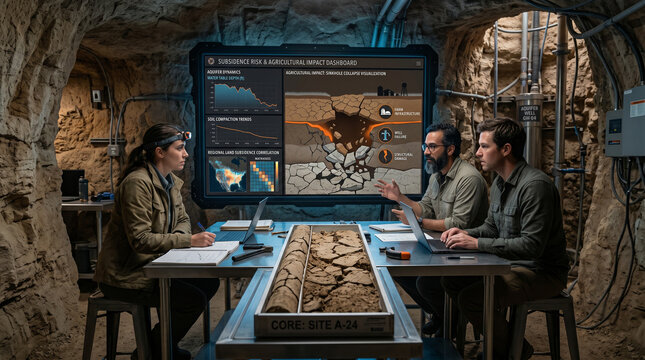 Three professional geologists working in an arid subterranean groundwater monitoring station, examining a rock core sample and data on a large digital risk dashboard.