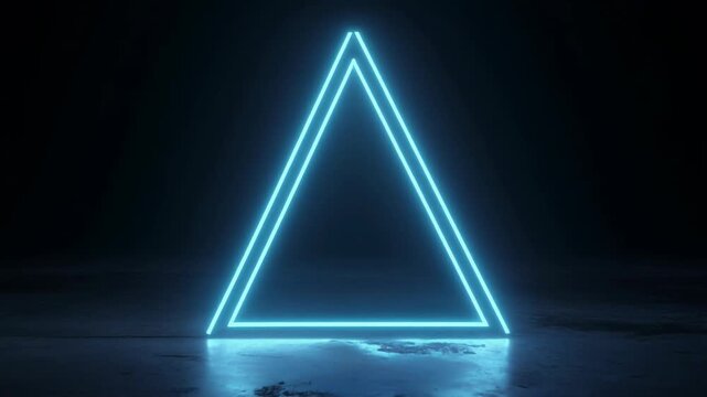Glowing blue neon triangle reflects on a dark, textured surface