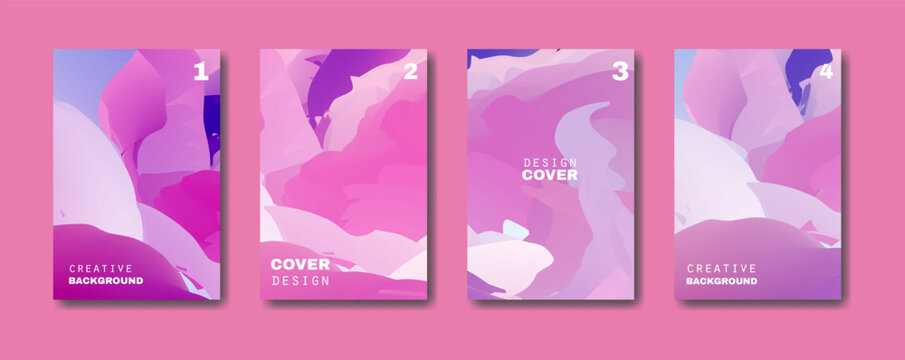 Set of four abstract liquid fluid covers with vibrant purple and pink gradient background