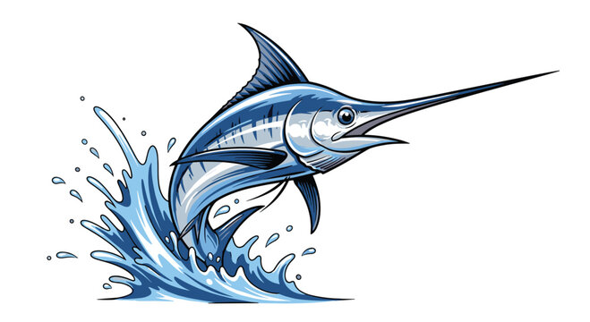 Dynamic blue marlin fish jumping powerfully out of the water, creating a splash, depicted in a vibrant illustration on white.