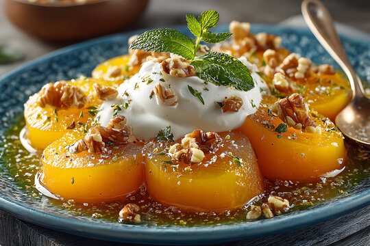 Traditional Turkish style quince dessert. The quince is cooked until soft, sherbet is poured on it, and served with cream and walnuts. It is one of the most popular Turkish desserts.(Ayva Tatlisi)