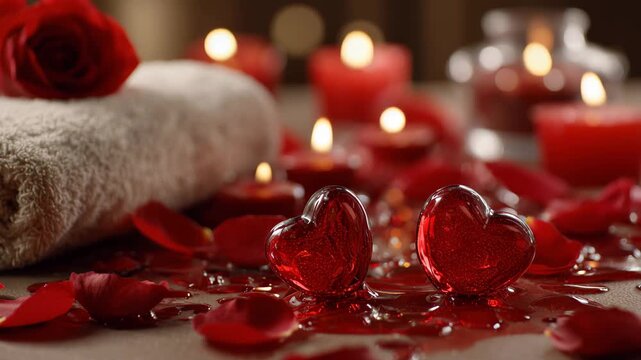 Enjoy a romantic setup with candles, rose petals, and heart decorations in a cozy room for a special evening together