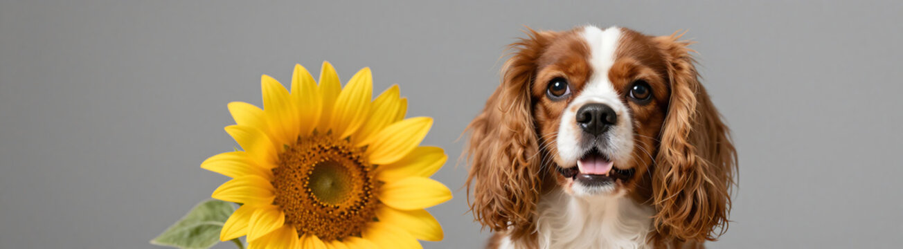 cavalier king charles spaniel joyful face beams sits near bright yellow sunflower soft muted grey background warm