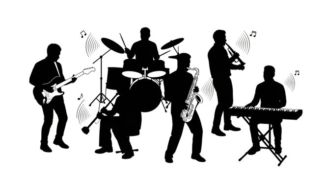 Silhouette of a jazz band playing music with instruments.