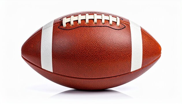Brown textured American football with white laces and stripes, isolated on plain background.
