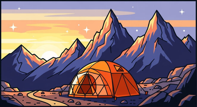 Orange tent pitched in rocky mountain landscape at sunset.