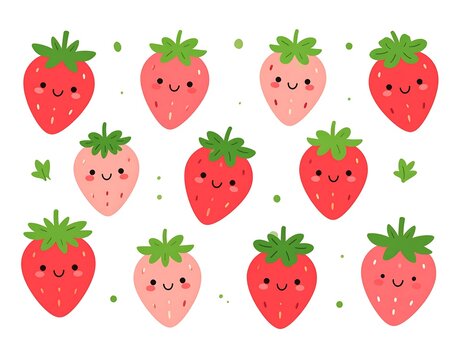 Cute cartoon strawberries with happy faces and green leaves on a white background