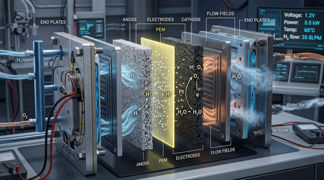 Detailed diagram showing hydrogen fuel cell energy generation process