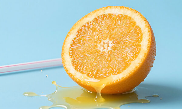 single sliced orange segment bright blue background surrounded straw splatter freshly squeezed juice