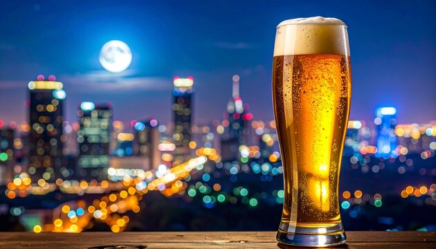 月夜のビル街を背景にした冷たいビールグラスのイメージ画像