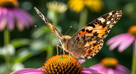 Naklejka premium Painted lady butterfly gracefully perched on flower during the bright spring season sunny day