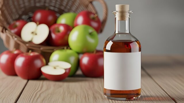 A bottle of apple cider with a basket of apples on a wooden table