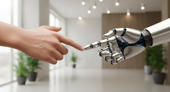 Human hand vs robot handshake symbolizing ai collaboration and future technology