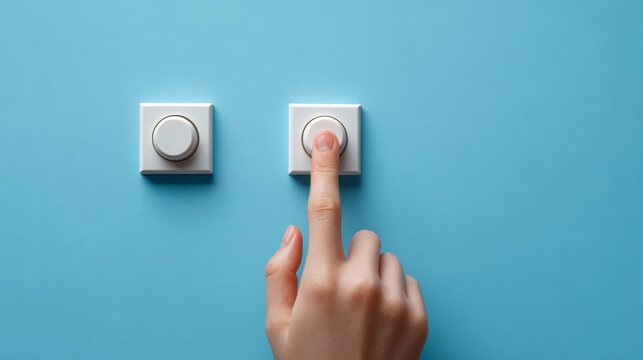 Hand Pressing Light Switch on Vibrant Blue Background for Concept of Control Over Lighting Options