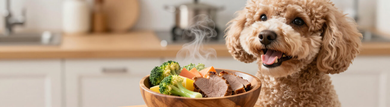shot happy poodle holding wooden bowl containing colorful medley steaming hot vegetables sliced meat set