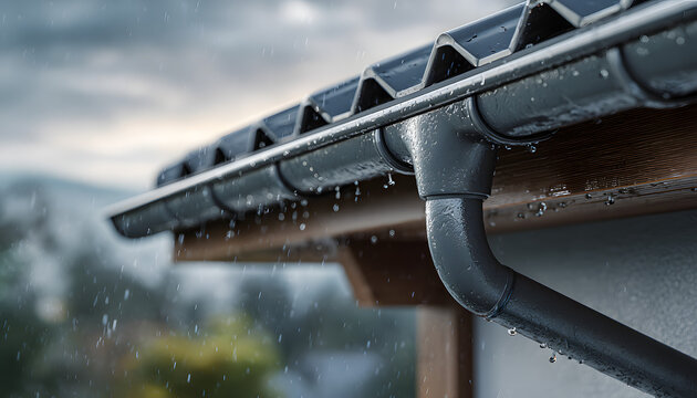 Metal rain gutter system channels water away from house roof preventing damage. Downpipe directs rainfall efficiently. Durable aluminum, steel construction ensures weatherproof protection for home