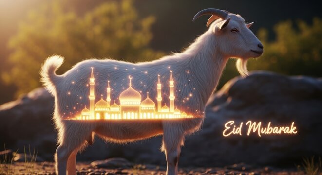 Eid Mubarak greeting card with white goat, glowing mosque silhouette inside goat body, religious Islamic holiday celebration background