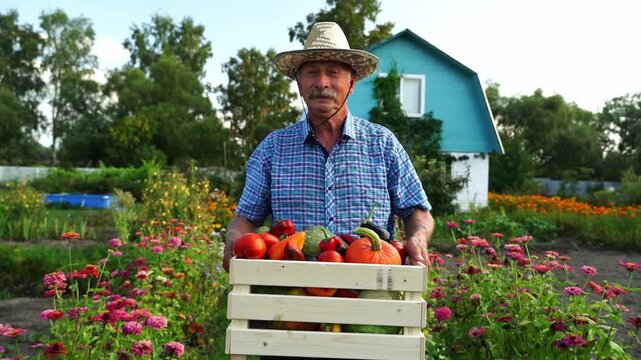 Man holds a crate of colorful vegetables. He wears a straw hat and a checkered shirt. Flowers bloom around him in a garden. Blue house stands behind rows of green. He looks calm and proud