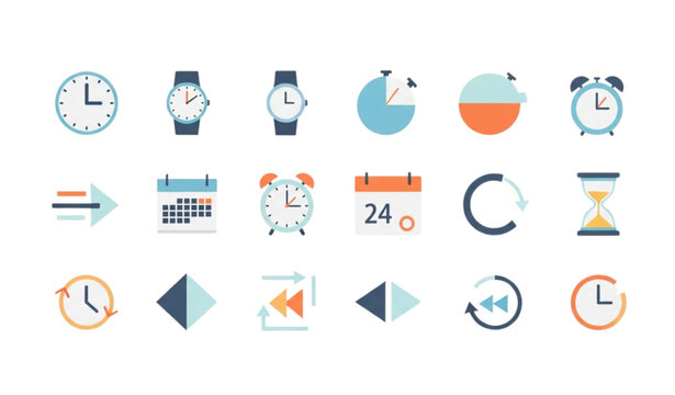 Time icon set with clock watch timer alarm calendar and schedule symbols in modern flat vector style isolated on white background
