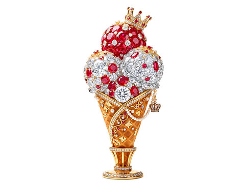 IA generated. Exquisite jeweled ice cream sundae ornament, luxury art object crafted with diamonds, rubies, and gold filigree on an isolated white background, featuring a diamond-studded cherry and cr