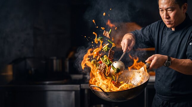 Professional chef cooking with wok hei and fire sparks