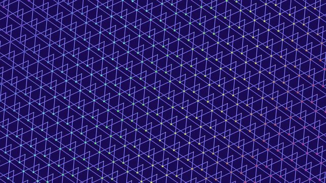 Animated abstract technology background with diagonal grid, neon gradient lines and glowing nodes on dark blue. Futuristic data network pattern for digital interface design