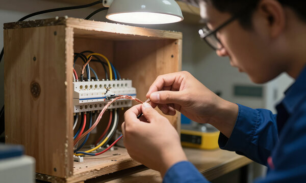 electrician glasses carefully untangles aligns frayed copper wires within worn wooden junction box soft