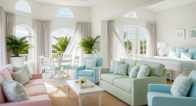 Bright modern interior with pastel furniture and large windows for relaxing