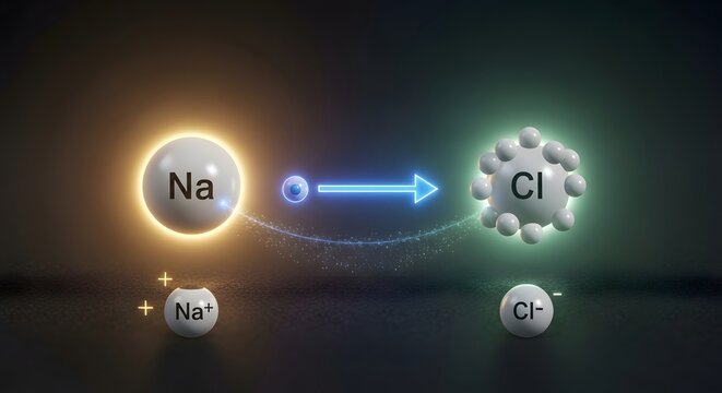 Sodium and chlorine ions forming salt through ionic bonding