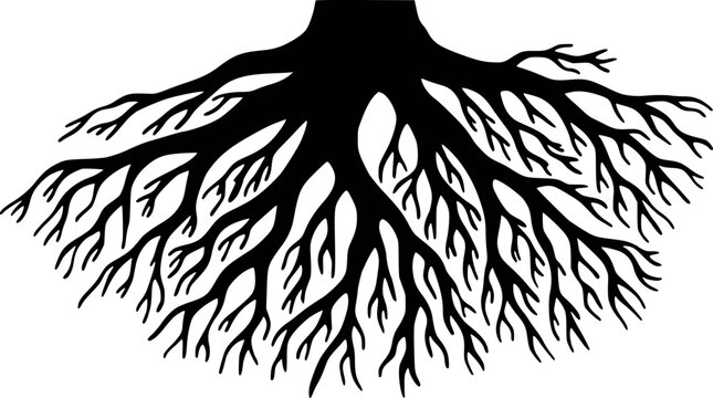 Black silhouette of intricate tree roots spreading outwards a white background