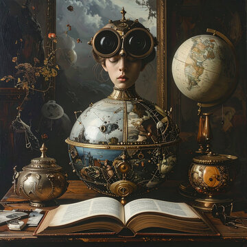 Steampunk portrait with globe head and binoculars